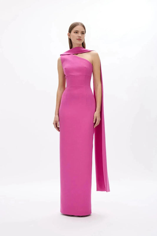 Structured Sheath One Shoulder Cape Sleeve Cutout Back High Slit Floor Length Hot sale Prom Dress by YiHuiw
