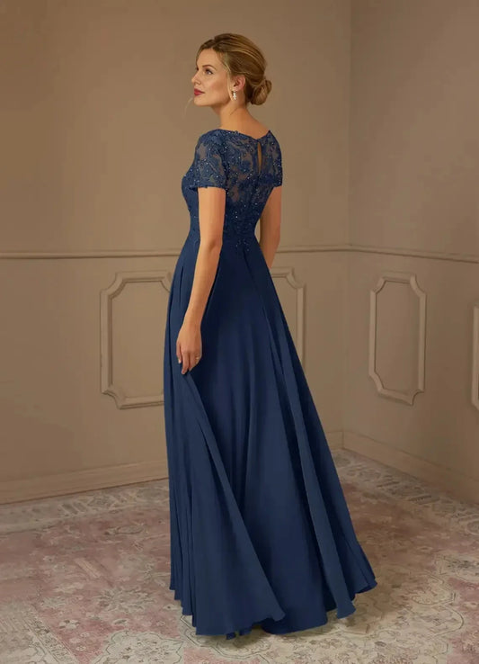 Stunning A Line Boat Neck Short Sleeve Lace Back Floor Length Mother of the Bride Dress by YiHuiw