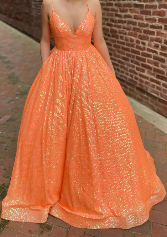 Stunning A-line V-neck sleeveless trailing sequins attract everyone's attention Prom Dresses