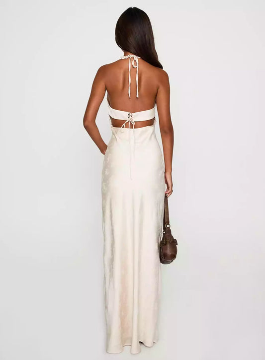 Stunning floral backless lace up with hollowed out side hidden zipper, adjustable neck strap, backless lace up Prom Dresses