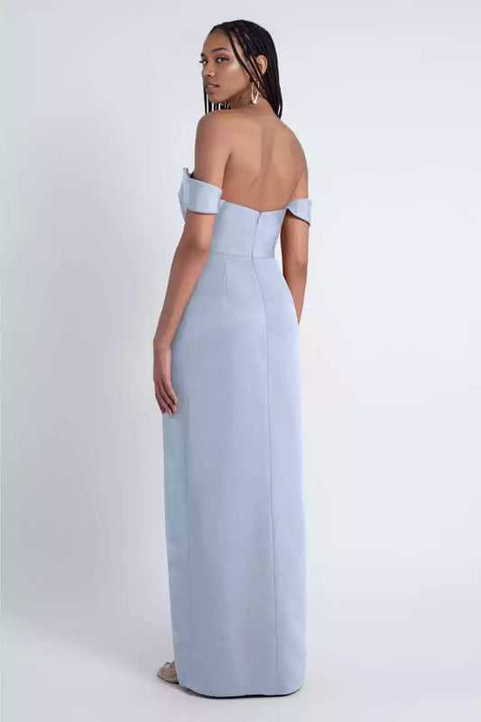 Stunning round neck, detachable off shoulder sleeves, tight fitting corset with asymmetrical pleats, slim fit, slit, back middle zipper Prom Dresses