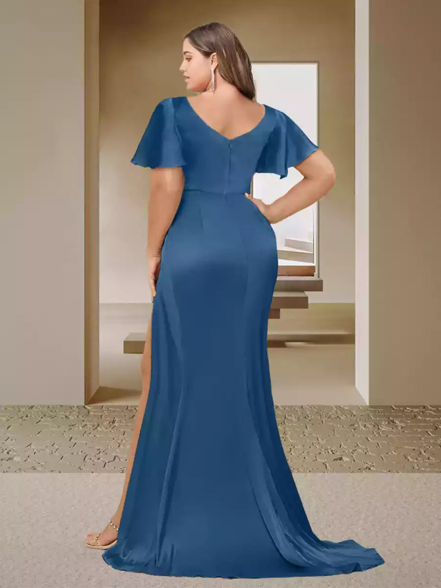 Impresionantes vestidos de dama de honor de talla grande, corte sirena/trompeta, con escote en V, manga corta, plisado, abertura lateral y bordes de volantes