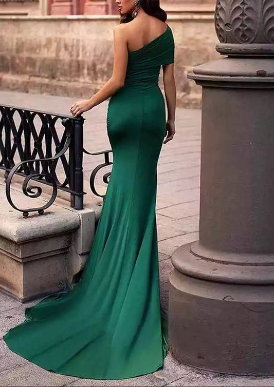 Stunning trumpet/mermaid style off shoulder short sleeved knit trailing Prom Dresses