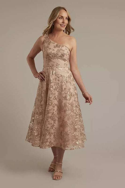 Stylish A Line One Shoulder Sleeveless Lace Back Midi Length Mother of the Bride Dress by YiHuiw