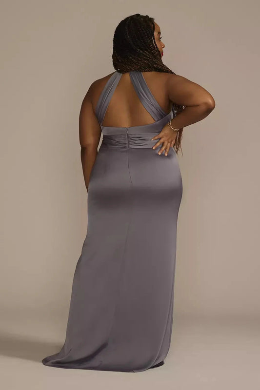 Stylish Mermaid Halter Neck Sleeveless Ruched Back Floor Length Plus Size Mother of the Bride Dress by YiHuiw