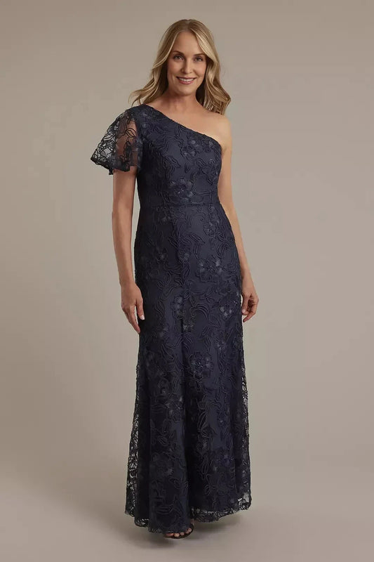 Stylish Mermaid One Shoulder Short Sleeve Lace Back Floor Length Mother of the Bride Dress by YiHuiw
