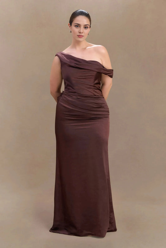 Stylish Mermaid One Shoulder Sleeveless Draped Back Floor Length Plus Size Prom Dress by YiHuiw