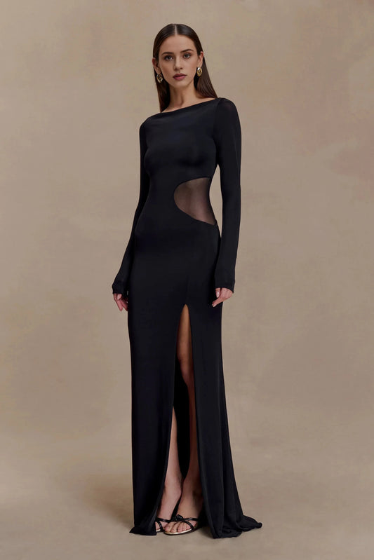 Stylish Sheath Boat Neck Long Sleeve Sheer Cutout Back Floor Length Prom Dress by YiHuiw