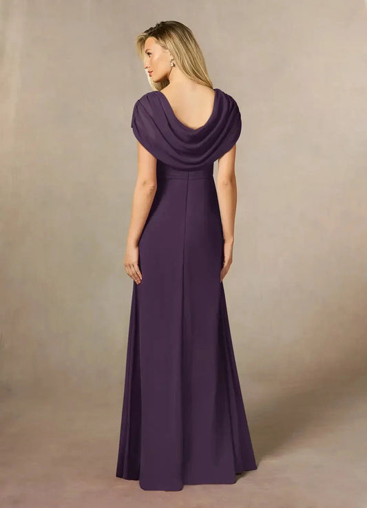 Stylish Sheath Cowl Neck Cap Sleeve Draped Back Floor Length Mother of the Bride Dress by YiHuiw