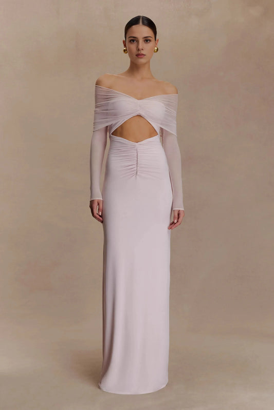 Stylish Sheath Off Shoulder Long Sleeve Ruched Back Floor Length Prom Dress by YiHuiw