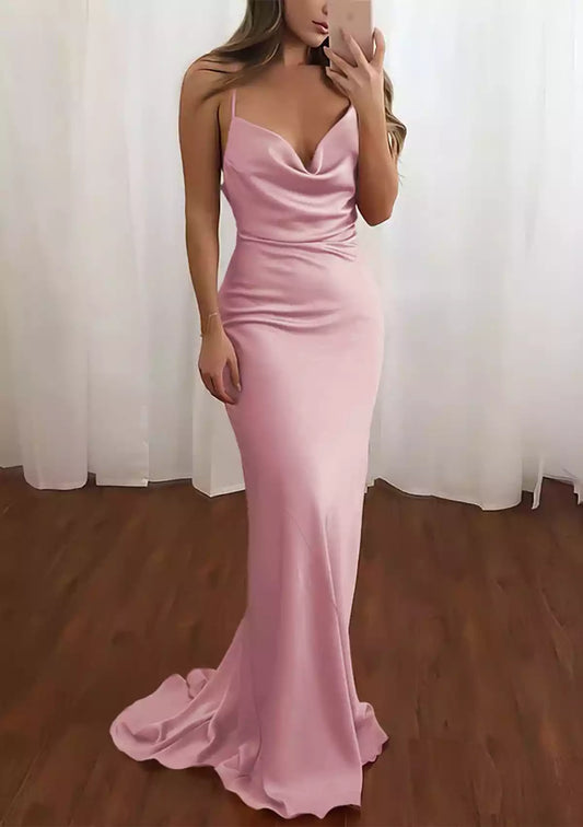 Stylish slim fit/column neckline with thin shoulder straps and a trailing satin finish that accentuates the curves of the figure Prom Dresses
