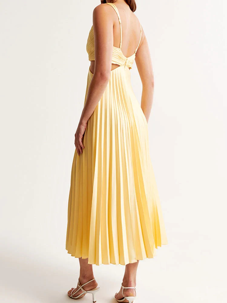 V-Neck Sleeveless Pleated Midi Wedding Dress - Yihuiw by Yihuiw
