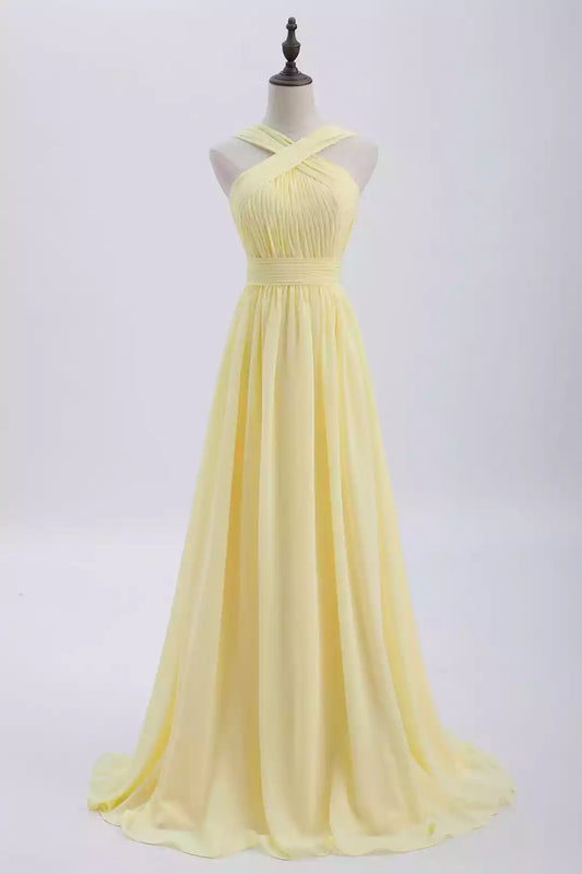 Sunny Yellow Chiffon A-Line Dress with Crisscross Halter Neck & Pleated Bodice