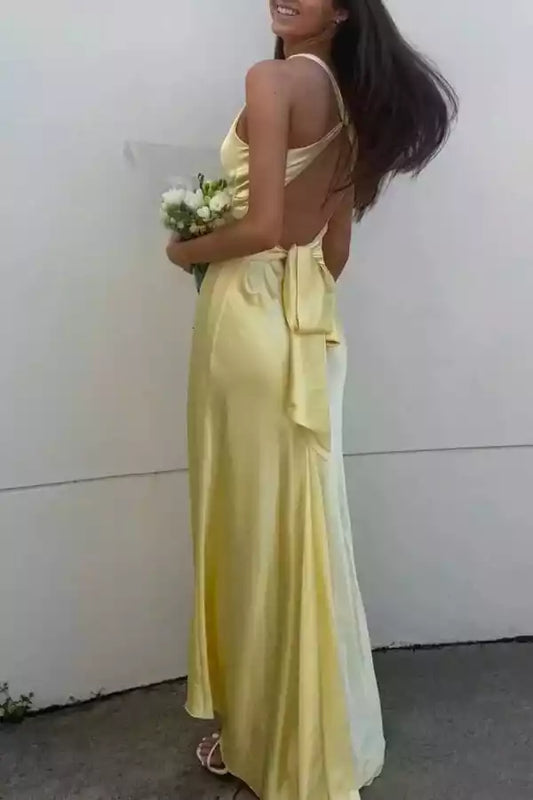 Sunny Yellow Satin Halter Maxi Dress with Twist Front & Open Back