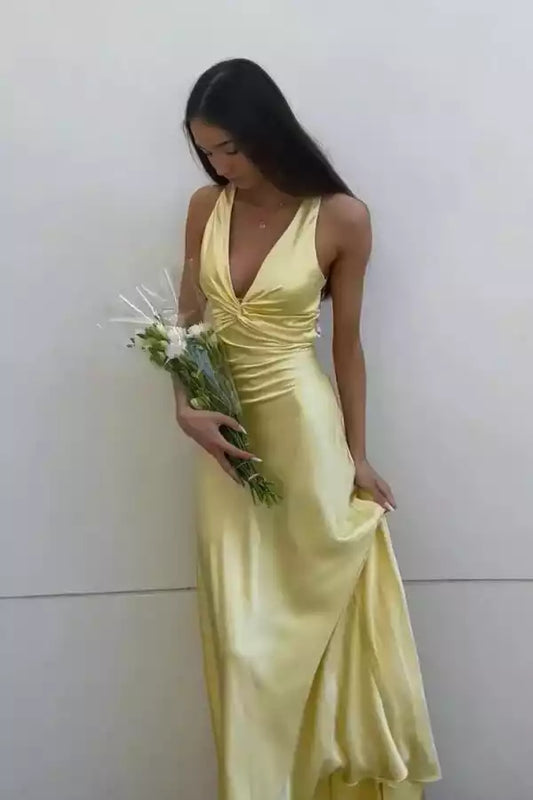 Sunny Yellow Satin Halter Maxi Dress with Twist Front & Open Back
