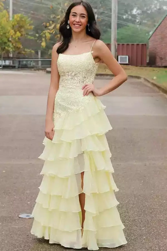 Sunny Yellow Two-Piece Prom Dress with Lace Bodice & Ruffled Chiffon Skirt