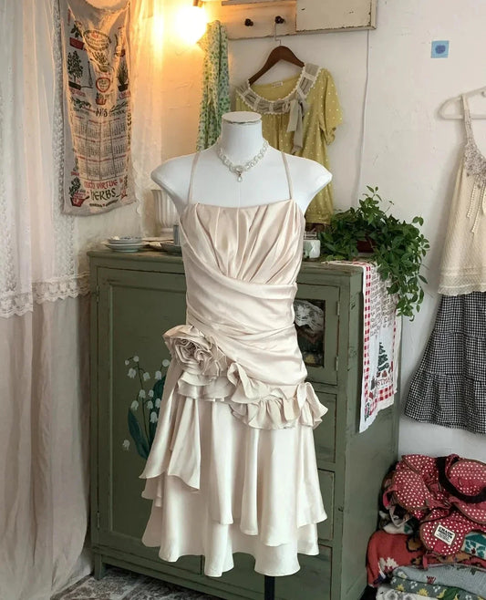 Sweet Cute Short Irregular Floral and Irregular Hem Chiffon Satin Homecoming Dress simple gentle atmospheric and unique desi Bring summer colors to enhance whiteness by YiHuiw