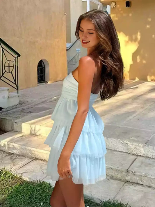 Sweet and elegant chiffon A-line shoulder exposed lotus leaf edge short cut ruffle edge zipper back Homecoming Dresses