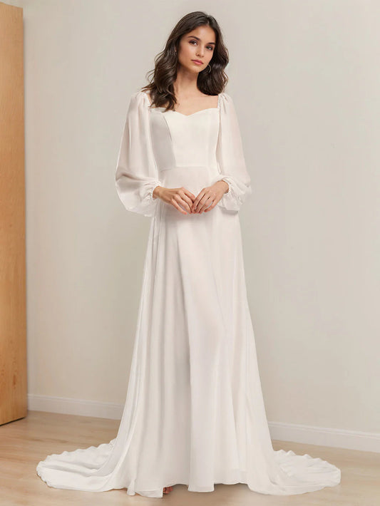 Sweetheart-Neck Chiffon Wedding Dress with Sheer Bishop Sleeves, Low Open Back, Button Closure & Cathedral Train