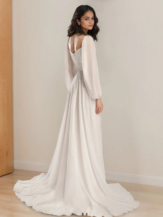 Sweetheart-Neck Chiffon Wedding Dress with Sheer Bishop Sleeves, Low Open Back, Button Closure & Cathedral Train