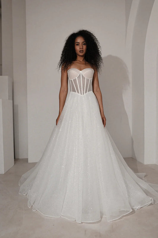 Sweetheart Corset Glitter BallDress Wedding Dress Detachable Puff Sleeves Lace-Up Back Train Bridal Dress