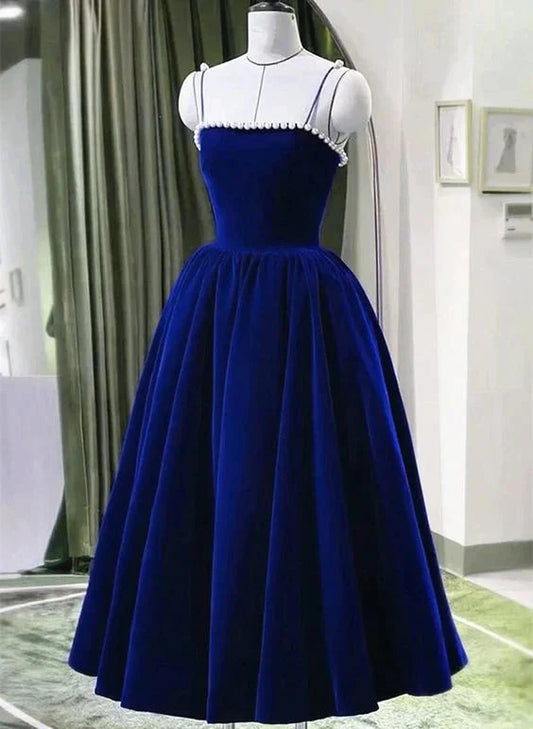 Tea Length Velvet Straps Pearls Formal Dress, Blue Homecoming Dress simple gentle atmospheric and unique desi Brin by YiHuiw