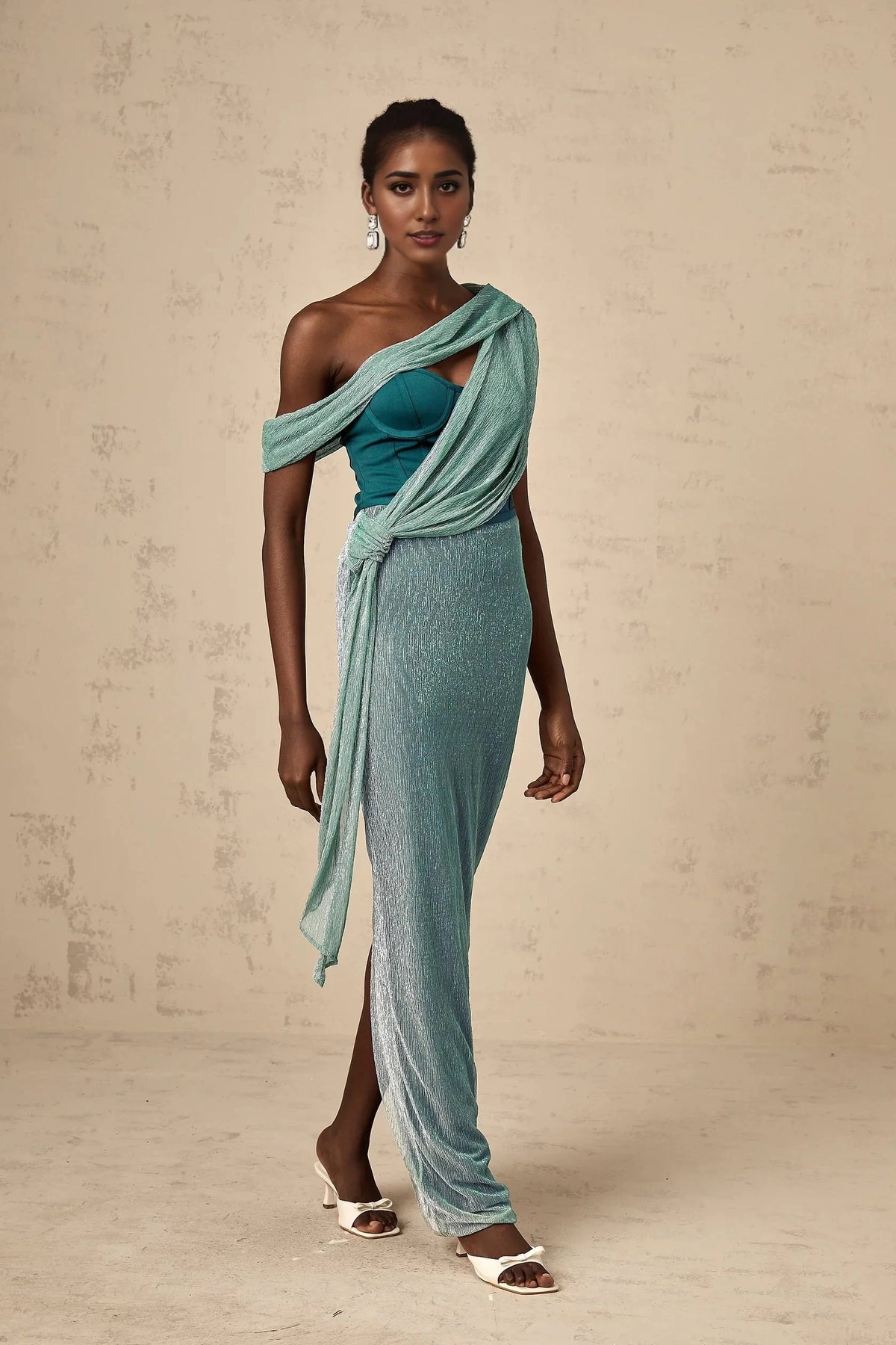 Teal Asymmetric Draped Metallic Maxi Dress Delphine green ribbon-design corset maxi dress Evening Dress by YiHuiw