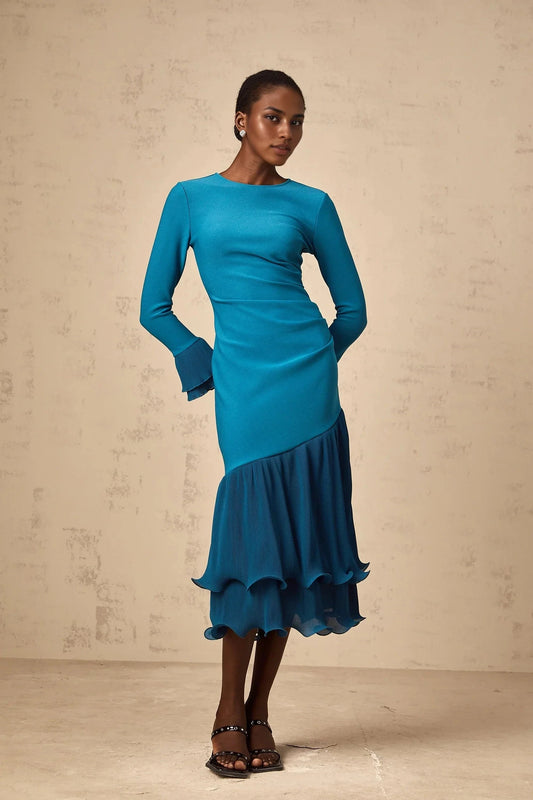 ruffled-trim panelled midi dress in Blue Teal Ruffled Hem Long Sleeve Midi Dress Evening Dress by YiHuiw