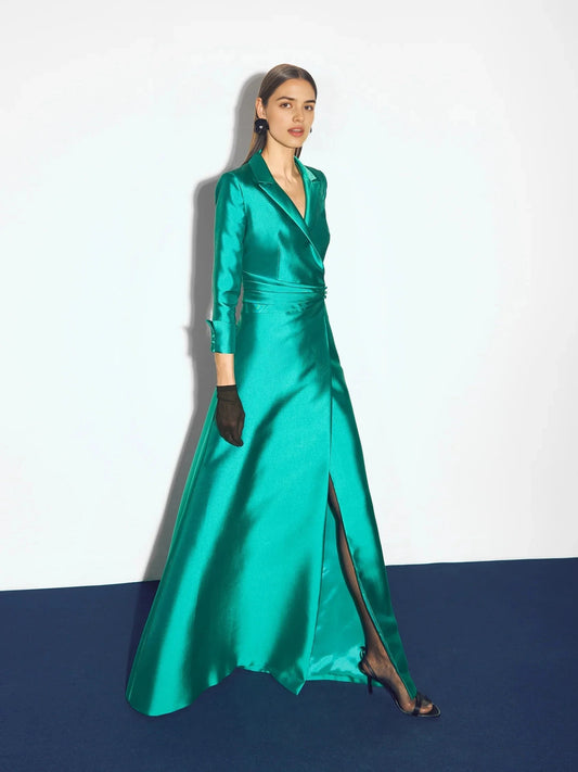 Teal Satin Lapel Wrap Maxi Dress with Side Slit Party dress with three-quarter sleeves in mikado Bridesmaid Dresses by YiHuiw