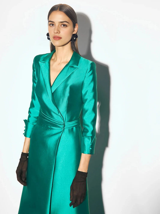 Teal Satin Lapel Wrap Maxi Dress with Side Slit Party dress with three-quarter sleeves in mikado Bridesmaid Dresses by YiHuiw