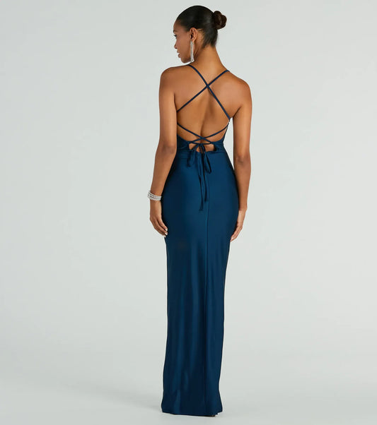 Teal Mermaid Spaghetti Strap Lace High Slit Floor-Length Wedding Dress - Yihuiw by Yihuiw