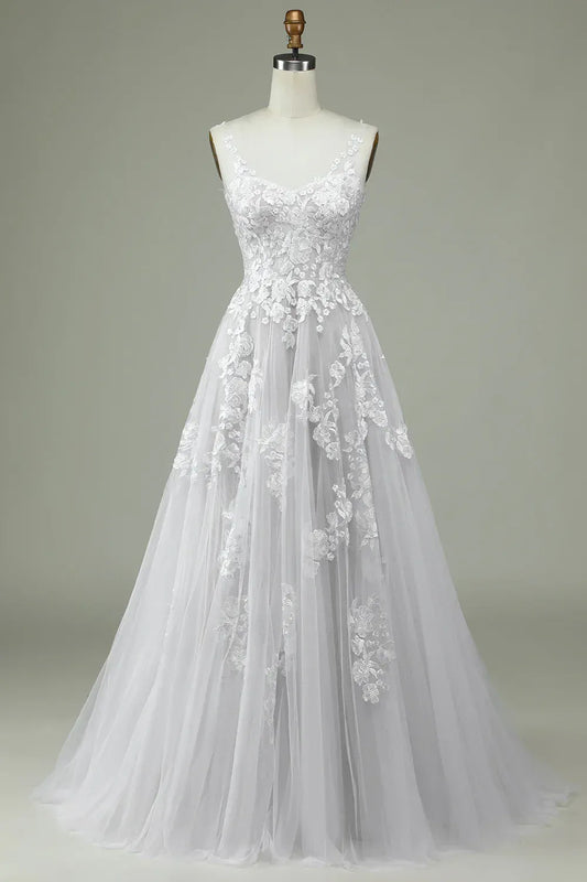 A-Line V-Neck Tulle Train Wedding Dress - Yihuiw by Yihuiw