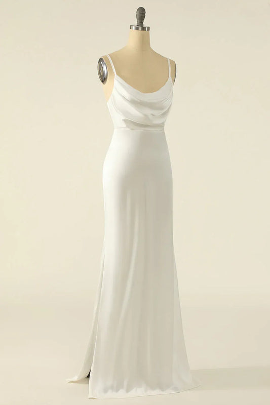 Mermaid Spaghetti Strap Satin High Slit Midi Wedding Dress - Yihuiw by Yihuiw
