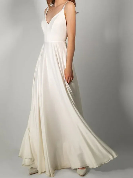 A-Line Spaghetti Strap Satin High Slit Wedding Dress - Yihuiw by Yihuiw