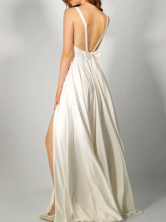 A-Line Spaghetti Strap Satin High Slit Wedding Dress - Yihuiw by Yihuiw
