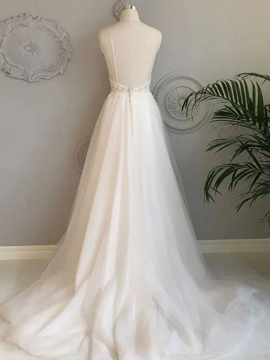 A-Line Spaghetti Strap Tulle Wedding Dress - Yihuiw by Yihuiw
