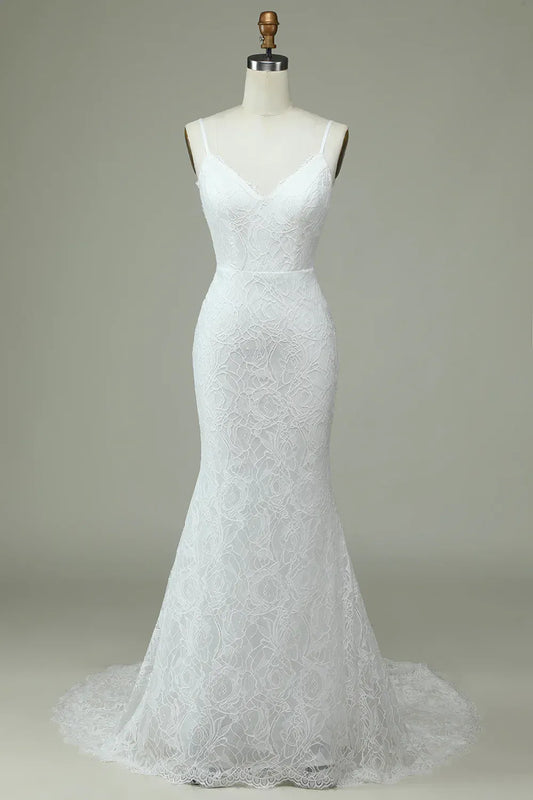 Mermaid V-Neck Lace Train Wedding Dress - Yihuiw by Yihuiw
