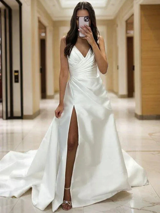 A-Line V-Neck Satin High Slit Wedding Dress - Yihuiw by Yihuiw