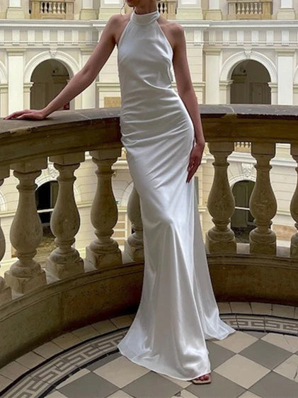 Chic Halter Neck Satin Mermaid Wedding Dress with Open Tie-Back & Sweeping Train