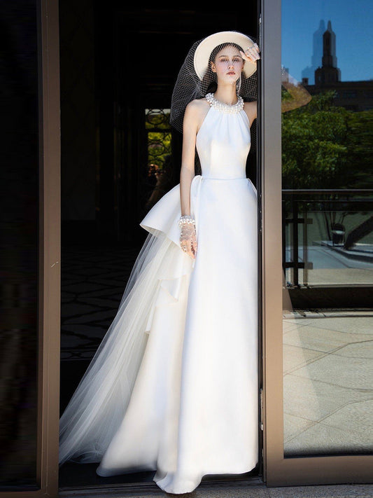 Halter-Neck Satin Wedding Dress with Pearl Neckline, Asymmetric Overskirt & Cathedral Train