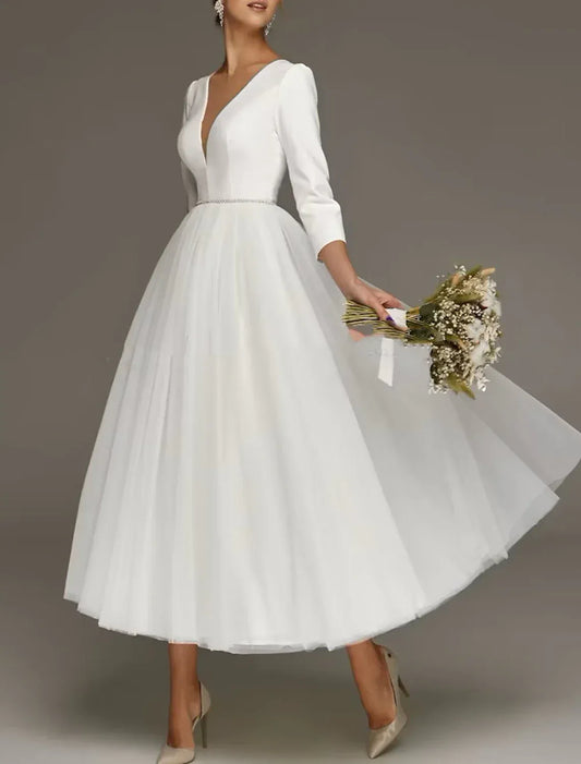 Plunging Tulle Tea-Length Wedding Dress - Yihuiw by Yihuiw