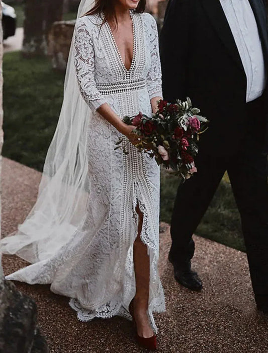 Mermaid Plunging Lace High Slit Wedding Dress - Yihuiw by Yihuiw