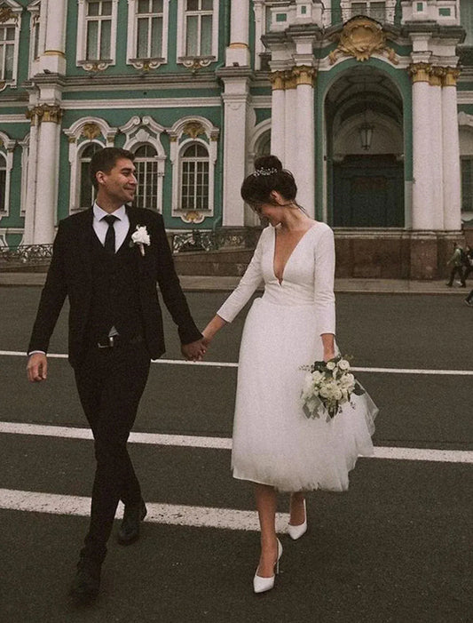 Tulle Button Back Midi Wedding Dress - Yihuiw by Yihuiw