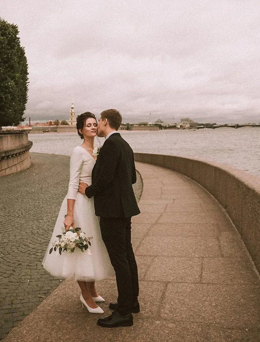 Tulle Button Back Midi Wedding Dress - Yihuiw by Yihuiw