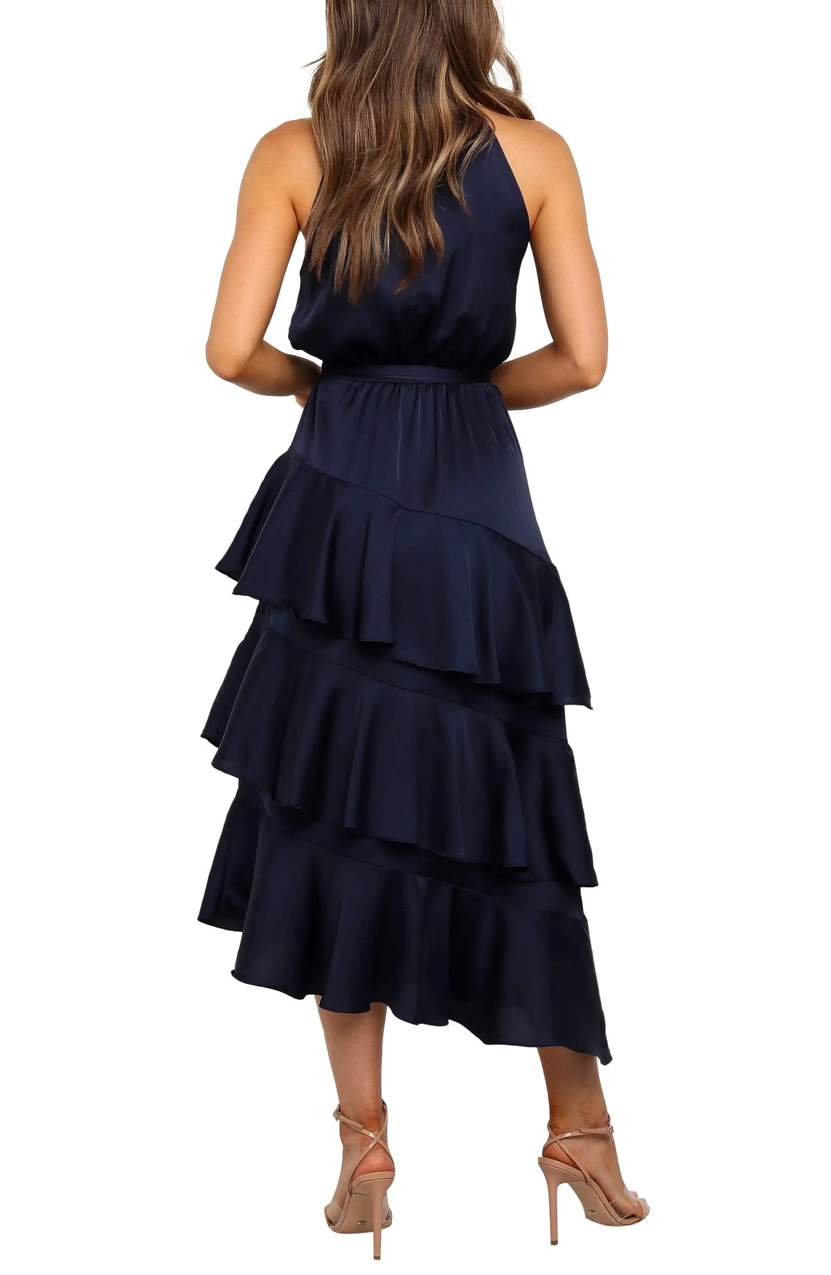 Tiered Flowy Halter Neck Sleeveless Open Back Asymmetrical Midi Length For Sale Evening Dress by YiHuiw