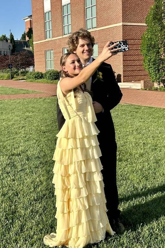 Tiered Ruffle Chiffon Prom Dress with Sweetheart Neck and High-Low Hem by JiMiss Dresses