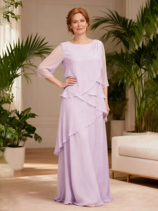 Timeless Chiffon A-Line Boat Neck 3/4 Sheer Sleeves Tiered Ruffle Zipper Back Floor-Length Maxi Formal Mother of the Bride Dresses by LANQI DRESS