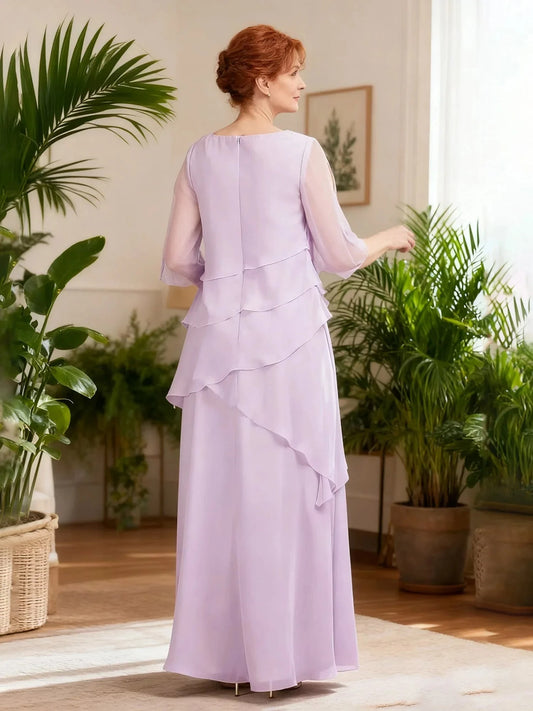 Timeless Chiffon A-Line Boat Neck 3/4 Sheer Sleeves Tiered Ruffle Zipper Back Floor-Length Maxi Formal Mother of the Bride Dresses by LANQI DRESS