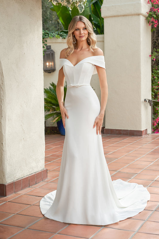 Timeless Crepe Mermaid Off-the-Shoulder Sweetheart Low-Back Button-Detail Train Wedding Dress