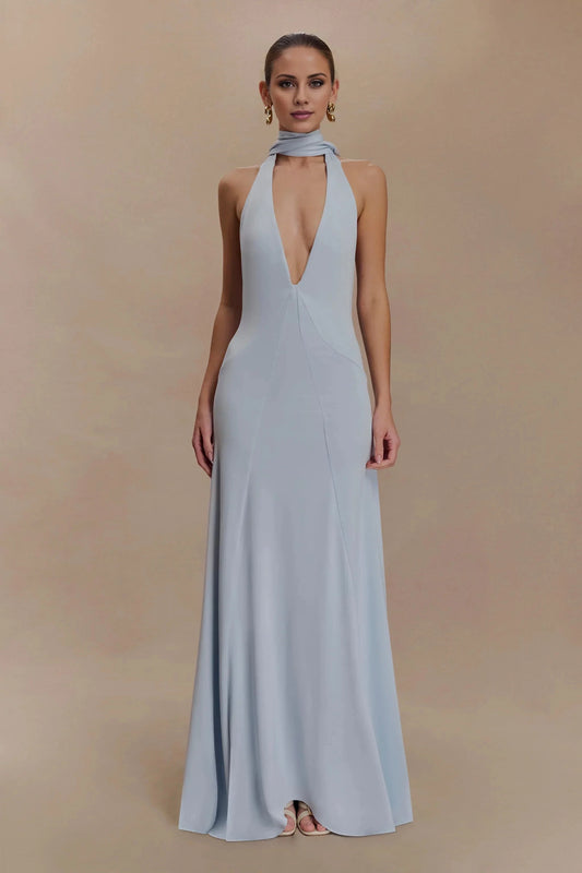 Timeless Halter-Neck Sleeveless Plunging V-Back Ruched Floor-Length Evening Dress by YiHuiw